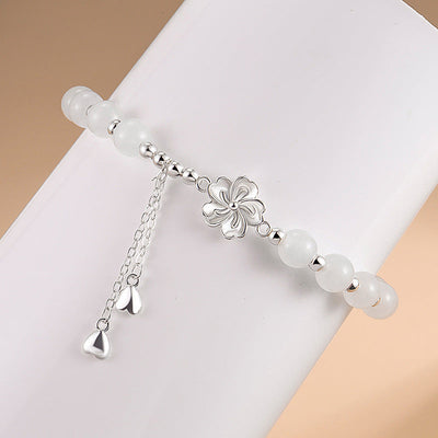 Buddha Stones White Jade Peach Blossom Petals Flower Luck Bracelet Bracelet BS 4