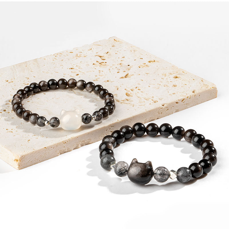 Buddha Stones Natural Silver Sheen Obsidian Cute Cat Head Protection Bracelet Bracelet BS 9