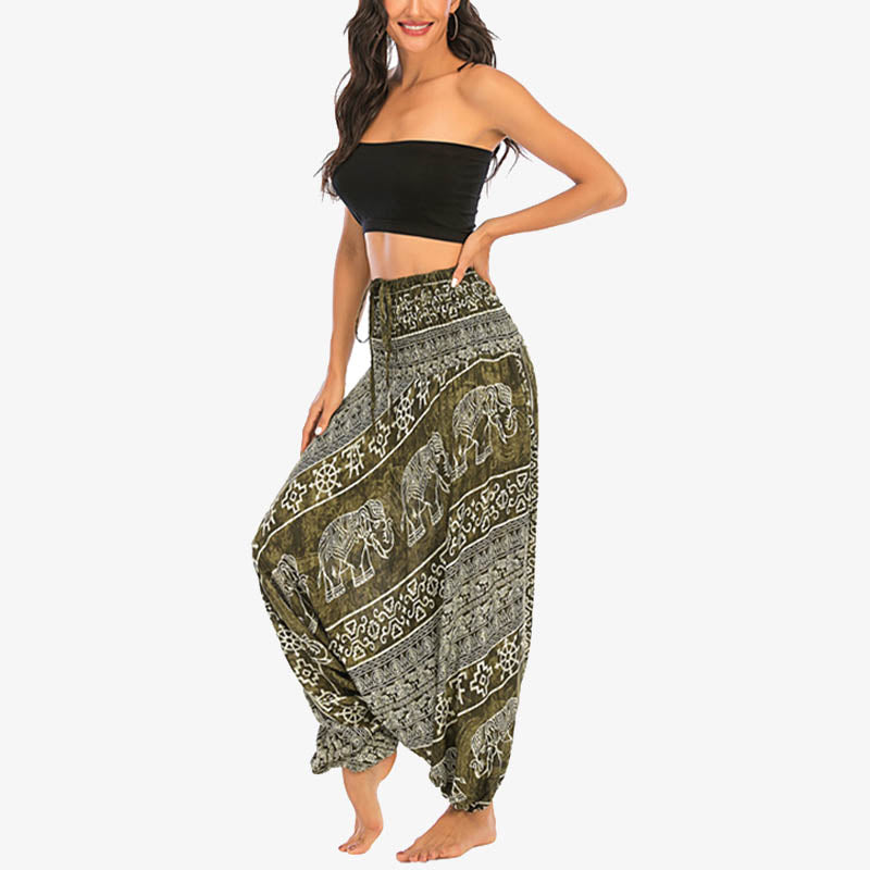 Buddha Stones Two Style Wear Elephant Pattern Loose Smocked Harem Trousers Jumpsuit Women's Yoga Pants Harem Pants&Bodysuit BS 16