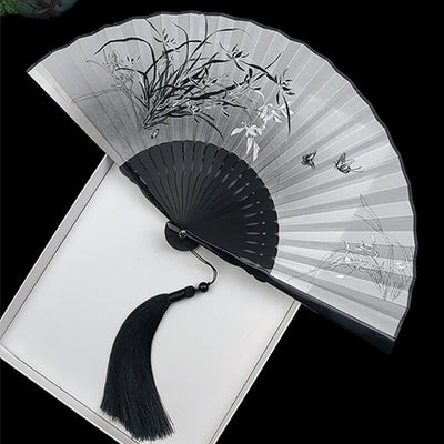 Buddha Stones Vintage Bamboo Peony Butterfly Lotus Handheld Silk Folding Fan With Bamboo Frames Folding Fan BS Orchid Butterfly