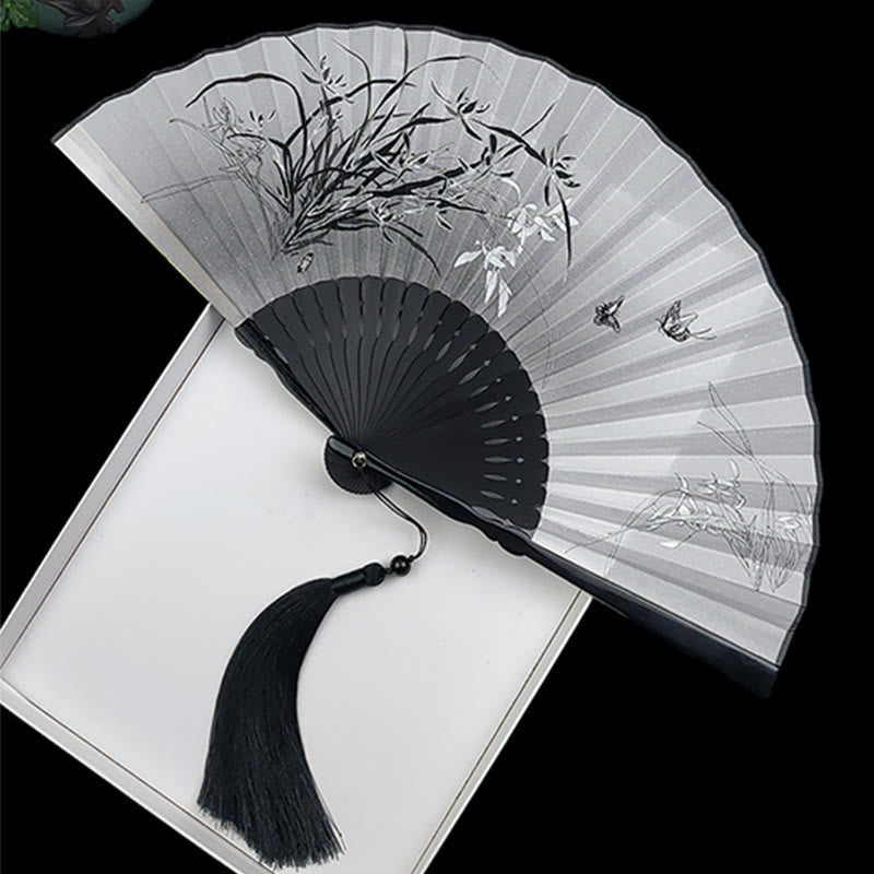 Buddha Stones Vintage Bamboo Peony Butterfly Lotus Handheld Silk Folding Fan With Bamboo Frames Folding Fan BS Orchid Butterfly