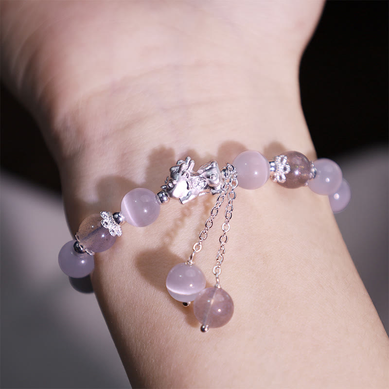 Buddha Stones Natural Cat's Eye Moonstone Strawberry Quartz PiXiu Support Bracelet Bracelet BS 4