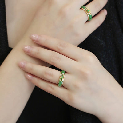Buddha Stones 18K Gold Plated Natural Green Chalcedony Strength Ring Ring BS 2
