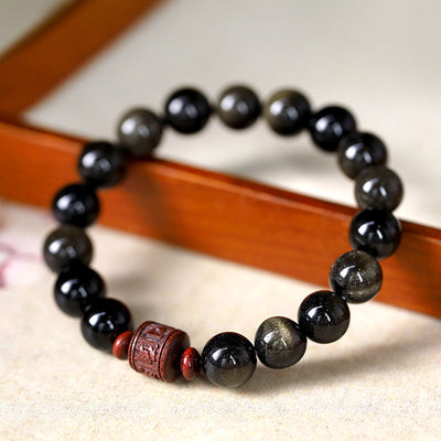 Buddha Stones Natural Gold Sheen Obsidian Rainbow Obsidian Om Mani Padme Hum Fu Character Healing Bracelet Bracelet BS 10mm Gold Sheen Obsidian&Om Mani Padme Hum(Wrist Circumference 14-16cm)