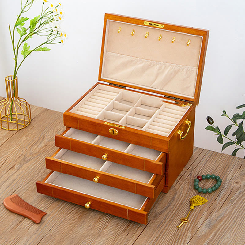 Buddha Stones Retro Solid Wood Jewelry Box Four-Layer Wooden Jewelry Storage Box Jewelry Box BS 4 Layers Beige Velvet 29*19*18.5cm