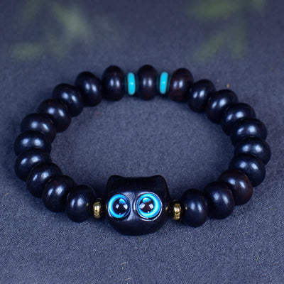 Buddha Stones Ebony Wood Liuli Glass Lovely Cat Peace Balance Bracelet Bracelet BS 5