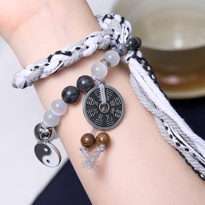 Buddha Stones Black Glitter Stone Cat's Eye Yin Yang Mountain Ghosts Spend Money Power Double Layer Rope Bracelet Bracelet BS 2