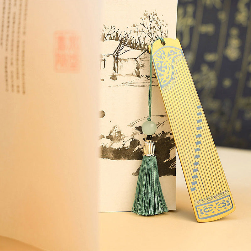 Buddha Stones Classical Musical Instruments Pipa Guzheng Guqin Ruan Metal Bookmarks Tassel With Gift Box Bookmarks BS 11