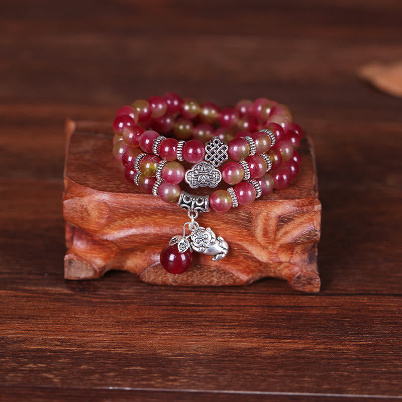 Buddha Stones Natural Watermelon Tourmaline PiXiu Elephant Positive Triple Wrap Bracelet Bracelet BS 6