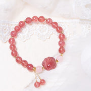 Foviel Natural Strawberry Quartz Pink Crystal Lucky Cat Paw Love Bracelet