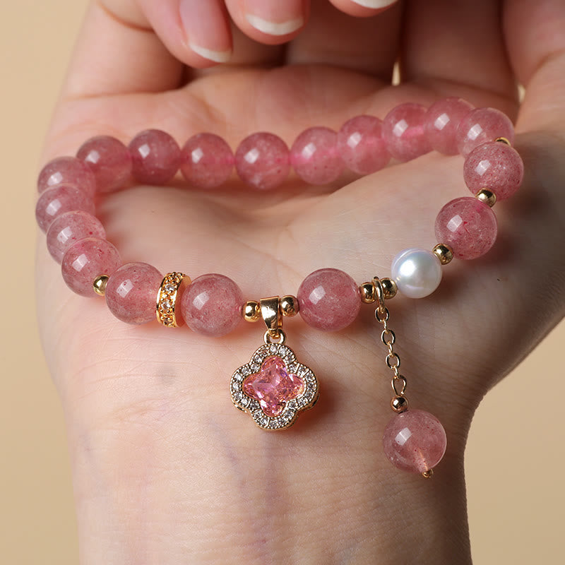Foviel Strawberry Quartz Pearl Four Leaf Clover Charm Healing Bracelet