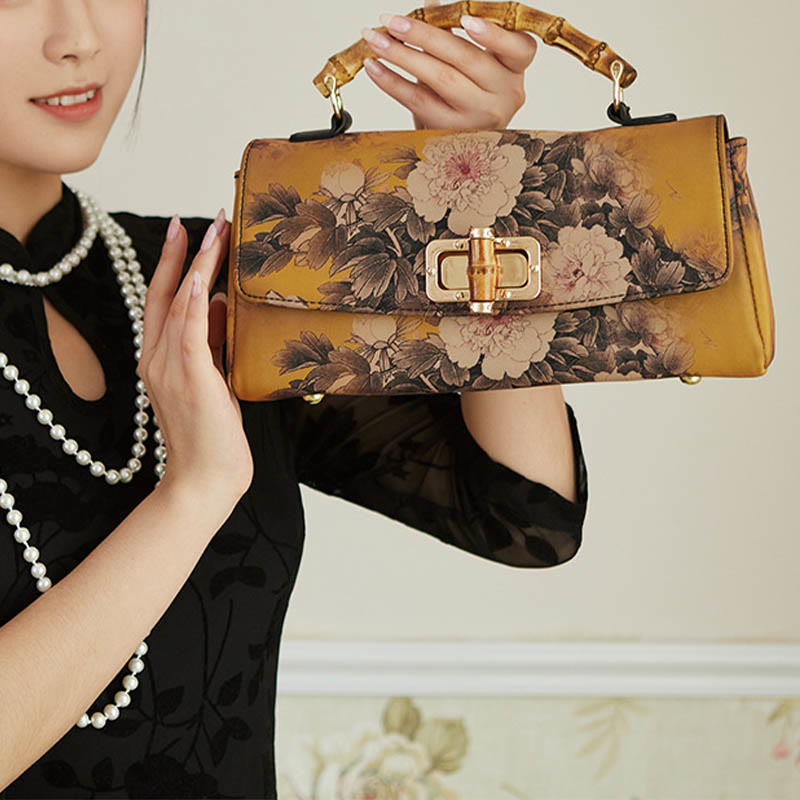 Buddha Stones Flower Pattern Bamboo Handle Metal Chain Crossbody Bag Handbags Crossbody Bag&Handbags BS 3