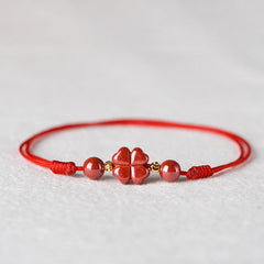 Buddha Stones Four Leaf Clover Cinnabar Blessing Calm String Bracelet Anklet Bracelet BS Red Anklet Circumference 18-32cm