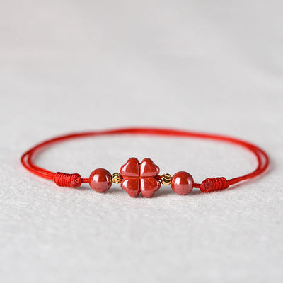 Buddha Stones Four Leaf Clover Cinnabar Blessing Calm String Bracelet Anklet Bracelet BS Red Anklet Circumference 18-32cm