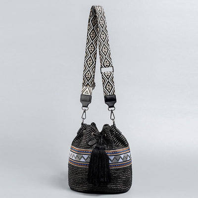Buddha Stones Beach Geometry Straw Woven Bucket Tassels Crossbody Bag Shoulder Bag Crossbody Bag BS Black 22*19*22cm