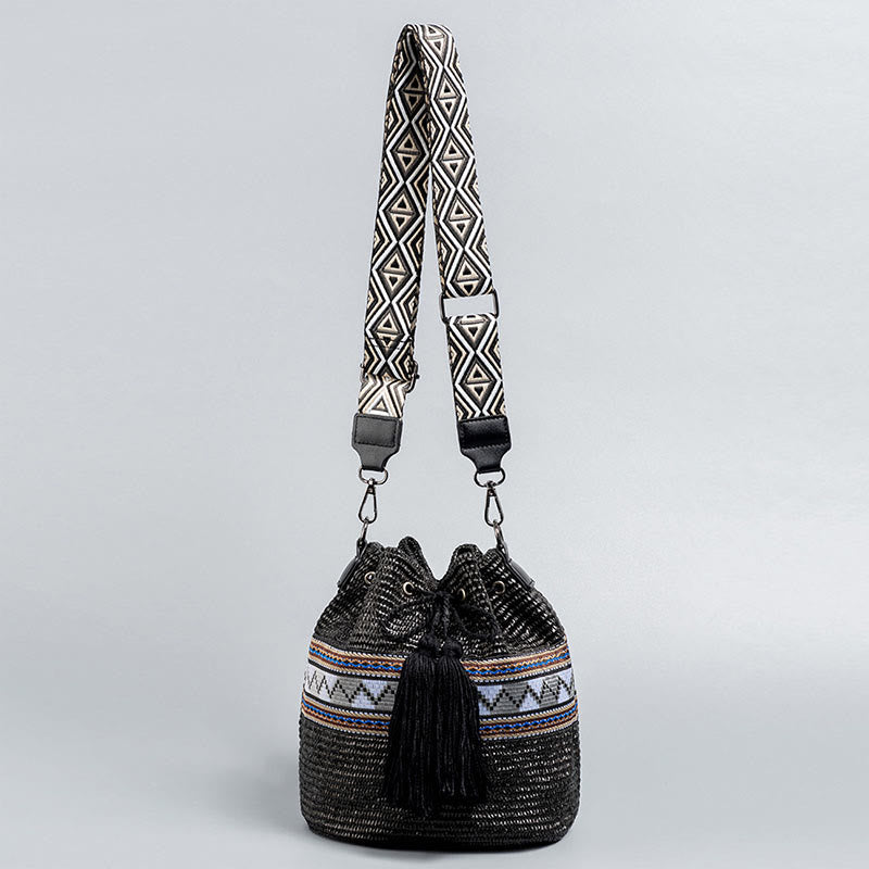 Buddha Stones Beach Geometry Straw Woven Bucket Tassels Crossbody Bag Shoulder Bag Crossbody Bag BS Black 22*19*22cm