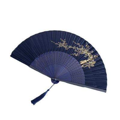 Buddha Stones Crane Dragonfly Lotus Peony Plum Blossom Butterfly Handheld Silk Bamboo Folding Fan 22.5cm 9