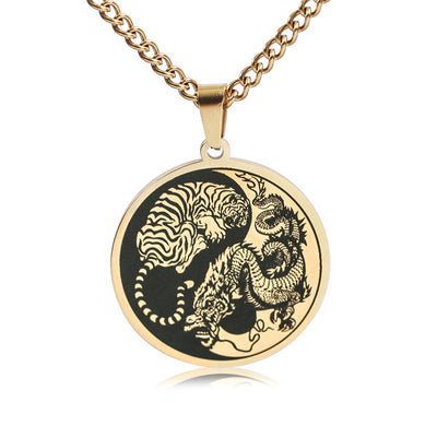 Buddha Stones Tiger Dragon Titanium Steel Chain Necklace Harmony Pendant Necklaces & Pendants BS Gold
