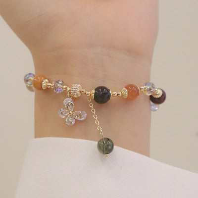 Buddha Stones Natural Fu Lu Shou Rainbow Crystal Rutilated Quartz Wealth Butterfly Charm Bracelet Bracelet BS 8