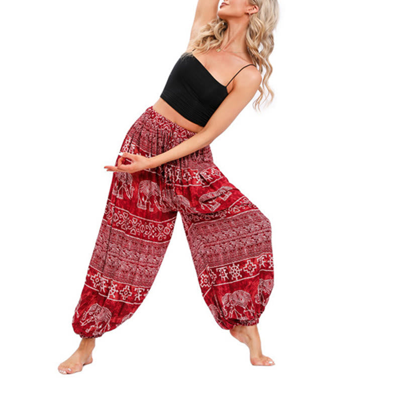 Buddha Stones Elephant Geometry Pattern Casual Loose Harem Trousers Women's Yoga Pants Women's Harem Pants BS 6
