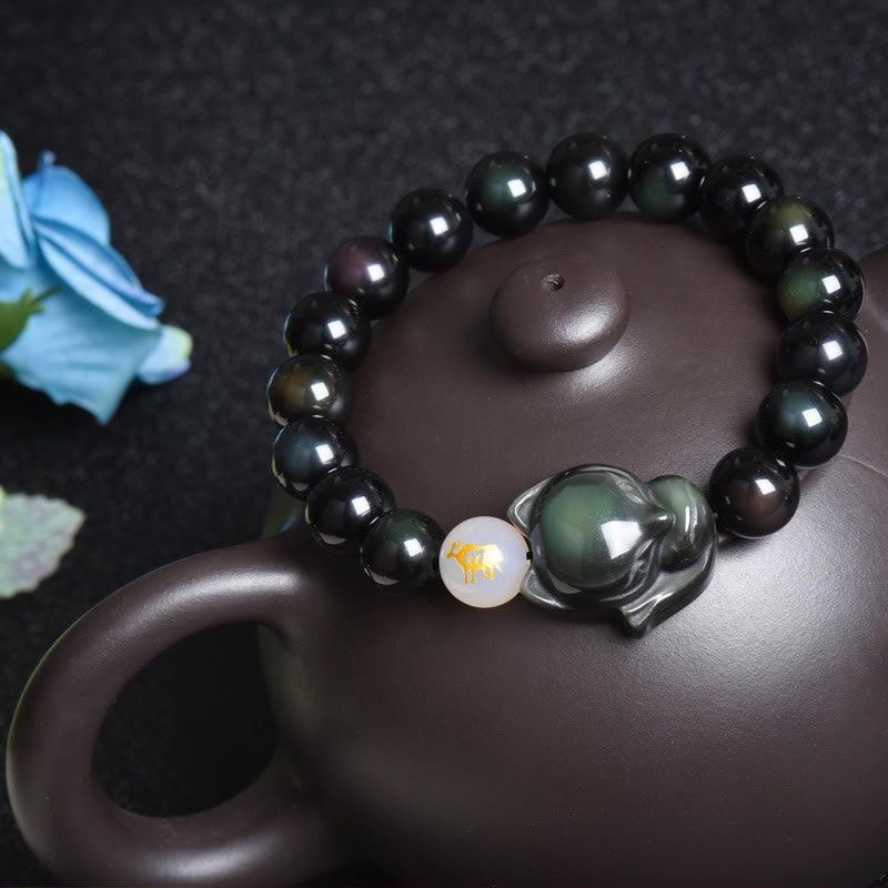 Buddha Stones Natural Rainbow Obsidian Gold Sheen Obsidian Silver Sheen Obsidian Fox Healing Bracelet Bracelet BS Rainbow Obsidian Pig