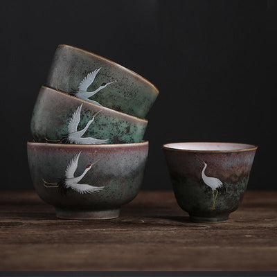 Buddha Stones Auspicious Crane Ceramic Teacup Kung Fu Tea Cup Bowl Cup BS 1