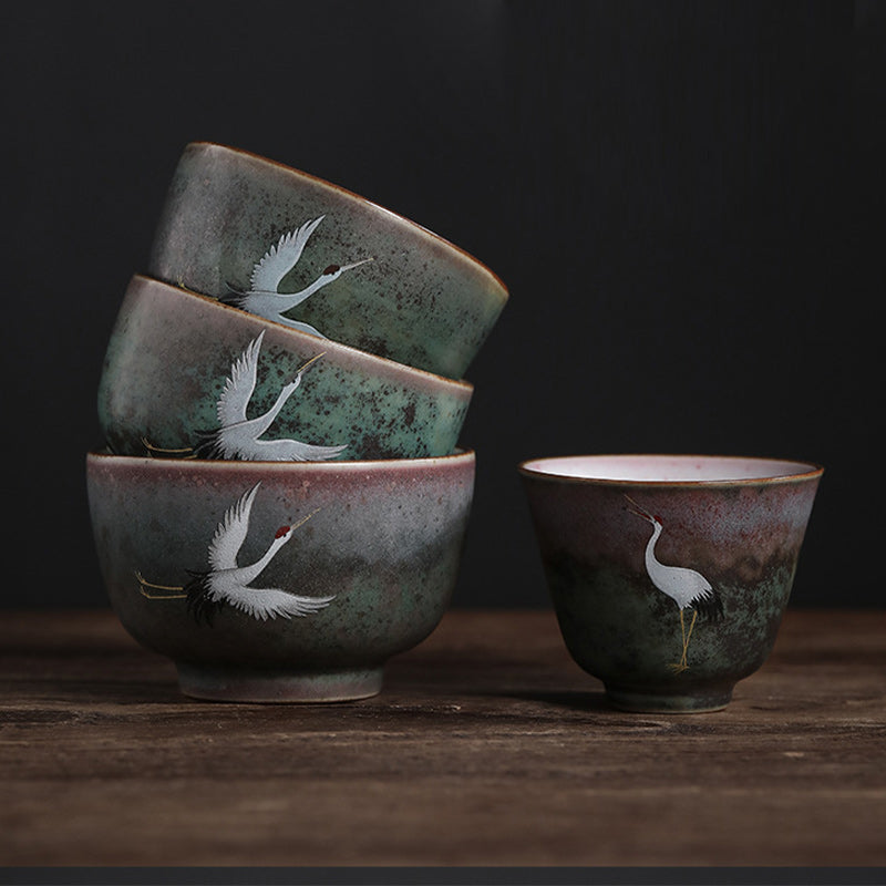 Buddha Stones Auspicious Crane Ceramic Teacup Kung Fu Tea Cup Bowl Cup BS 1