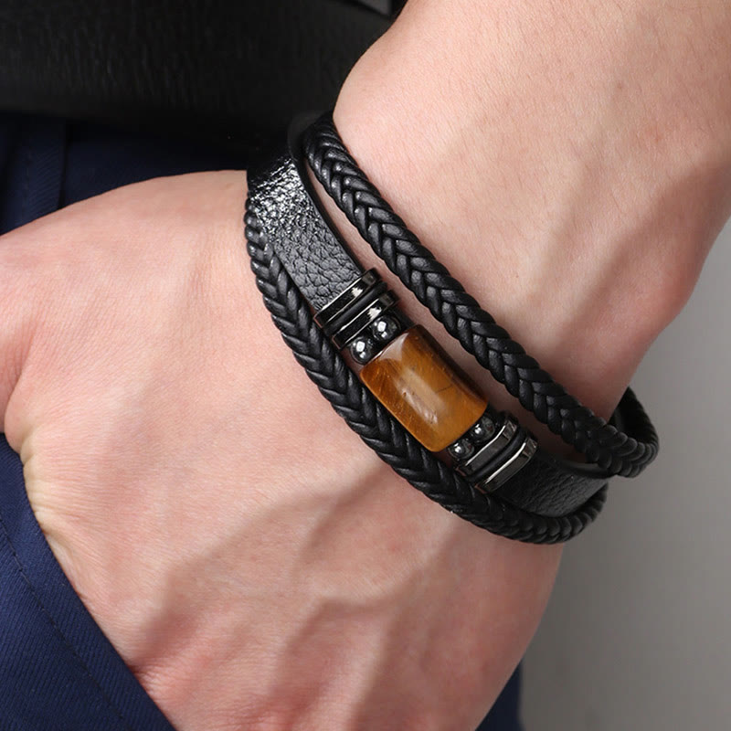 Buddha Stones Tiger Eye Power Magnetic Buckle Multilayered Leather Bracelet Bracelet BS 3
