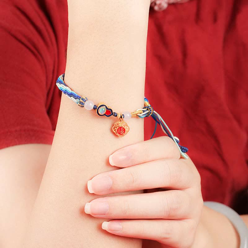 Buddha Stones 925 Sterling Silver Handmade Gourd Blessing String Reincarnation Knot Bracelet Bracelet BS 3