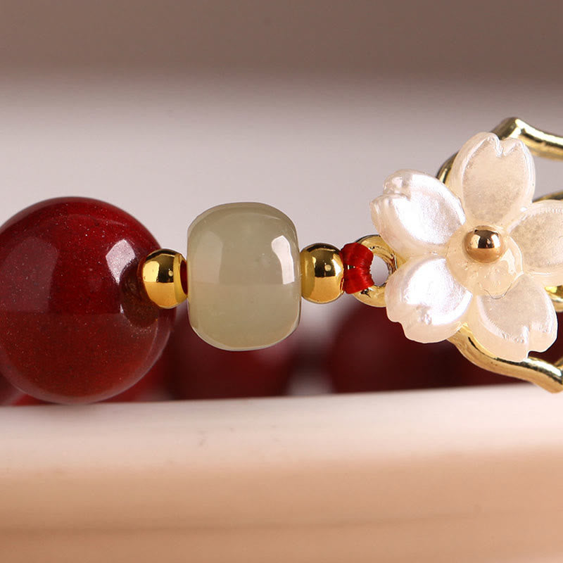 Buddha Stones Natural Cinnabar Jade Beaded Tridacna Stone Flower Blessing Bracelet Bracelet BS 7