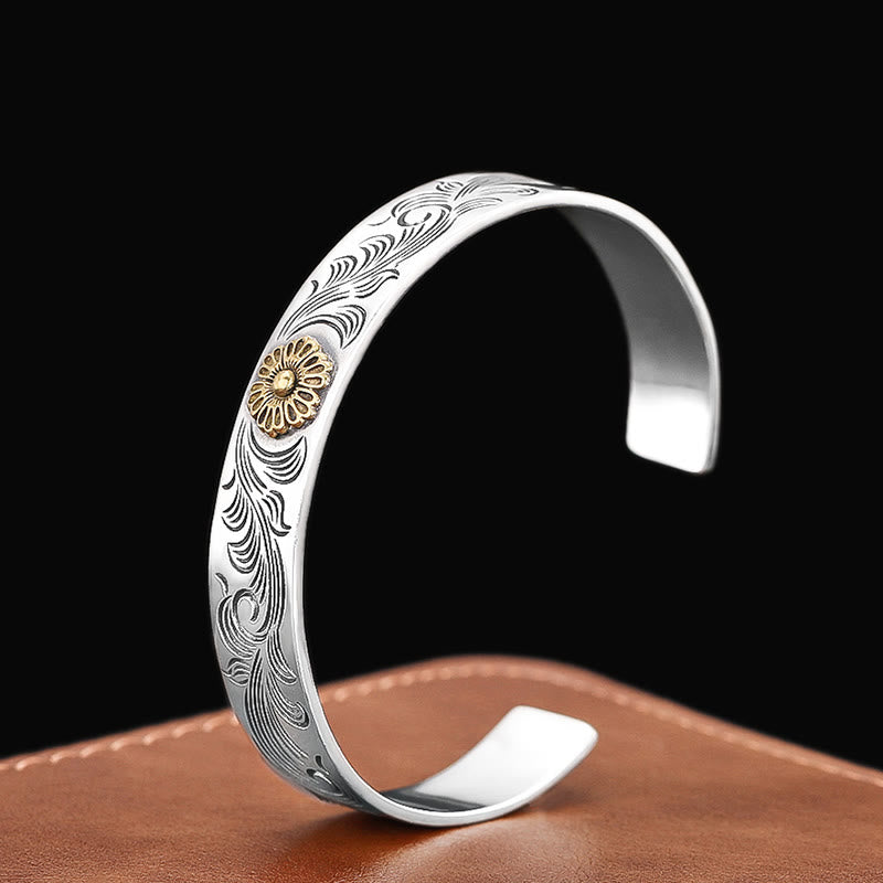 Buddha Stones Tang Dynasty Flower Design Rose Flower Feather Carved Copper Luck Bracelet Bangle Bracelet Bangle BS Tang Dynasty Flower Design(Luck♥Vibrant)(Wrist Circumference 15-17cm)