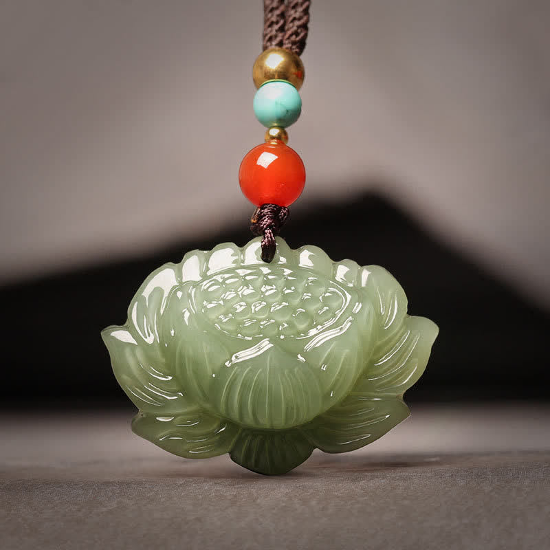 Buddha Stones Hetian Cyan Jade Lotus Flower Success Necklace Pendant Necklaces & Pendants BS Hetian Cyan Jade(Success ♥ Healing)
