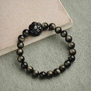 Foviel Gold Sheen Obsidian Silver Sheen Obsidian Lovely Paw Lucky Cat Protection Bracelet