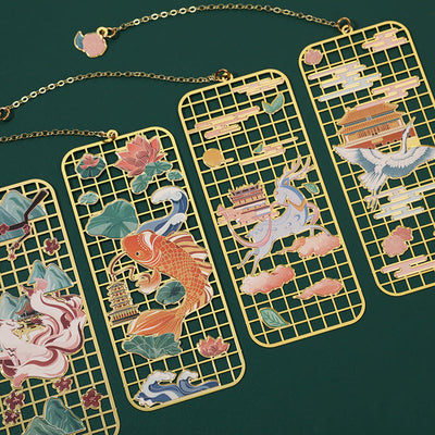 Buddha Stones Elk Koi Fish Crane Nine-Tailed Fox Metal Brass Hollow Bookmark Bookmarks BS main