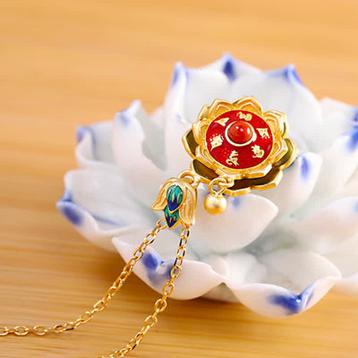 Buddha Stones 925 Sterling Silver Tibet Lotus Prayer Wheel Red Agate Enlightenment Necklace Pendant Necklaces & Pendants BS 2