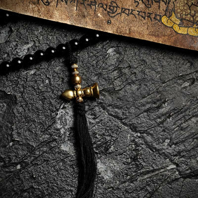Buddha Stones Tibetan 108 Mala Beads Black Onyx Tiger Eye Beads Nine Palaces Bagua Protection Bracelet Mala Bracelet BS 7