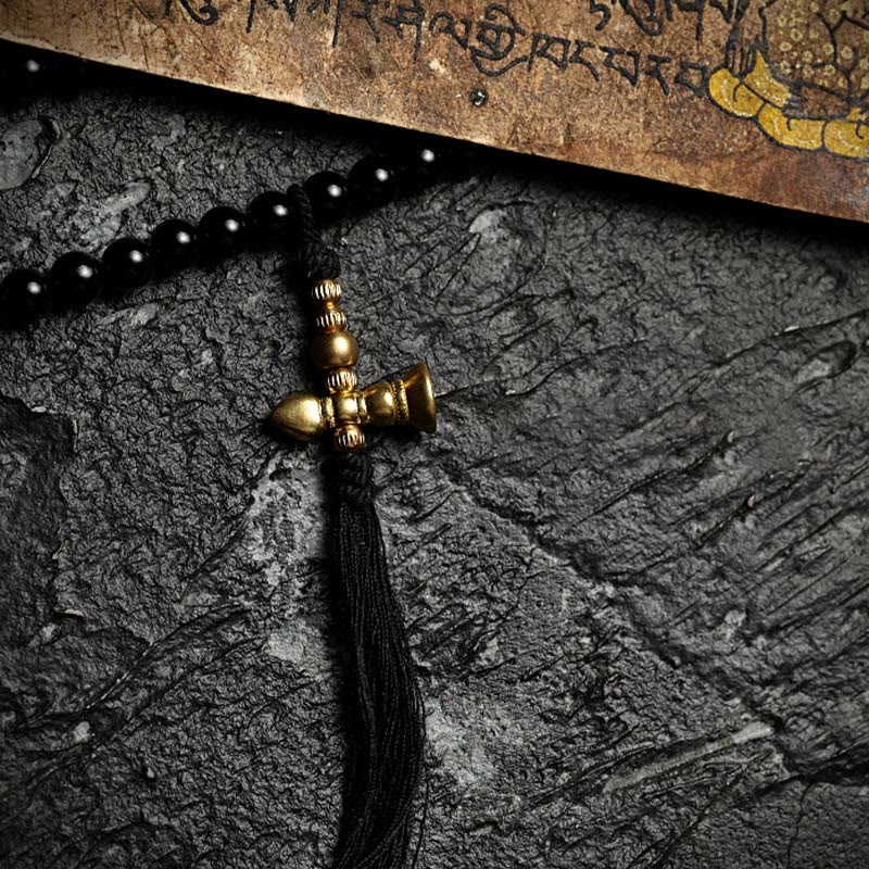 Buddha Stones Tibetan 108 Mala Beads Black Onyx Tiger Eye Beads Nine Palaces Bagua Protection Bracelet Mala Bracelet BS 7
