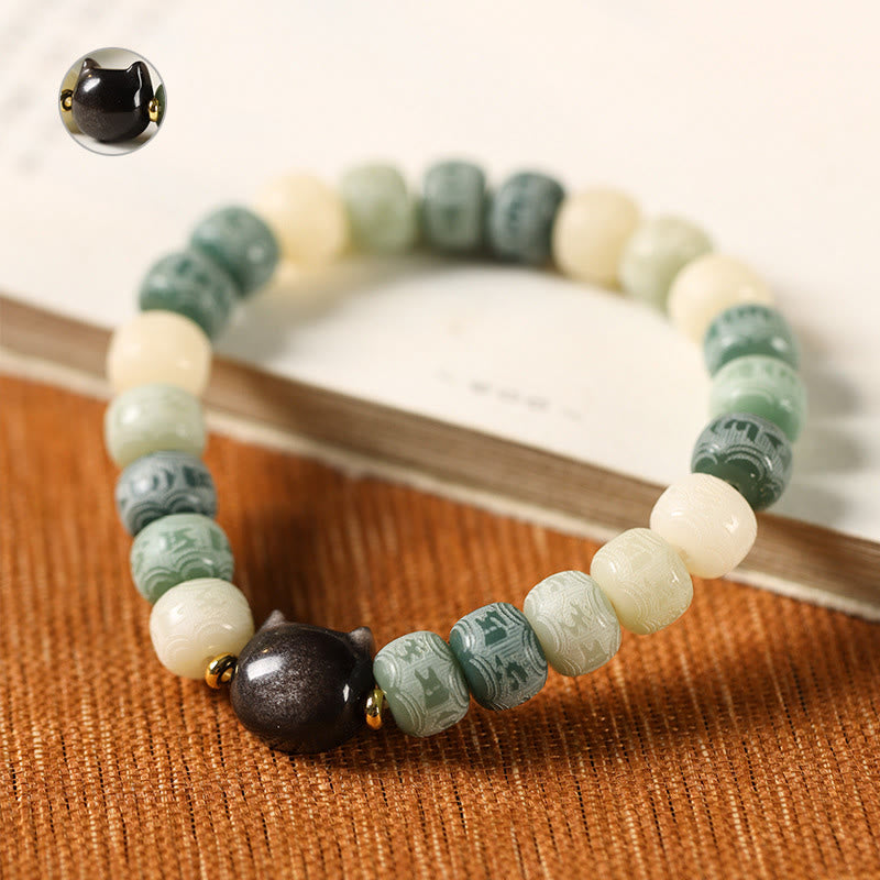 Buddha Stones Bodhi Seed Silver Sheen Obsidian Cat Head Om Mani Padme Hum Engraved Harmony Bracelet Bracelet BS 8