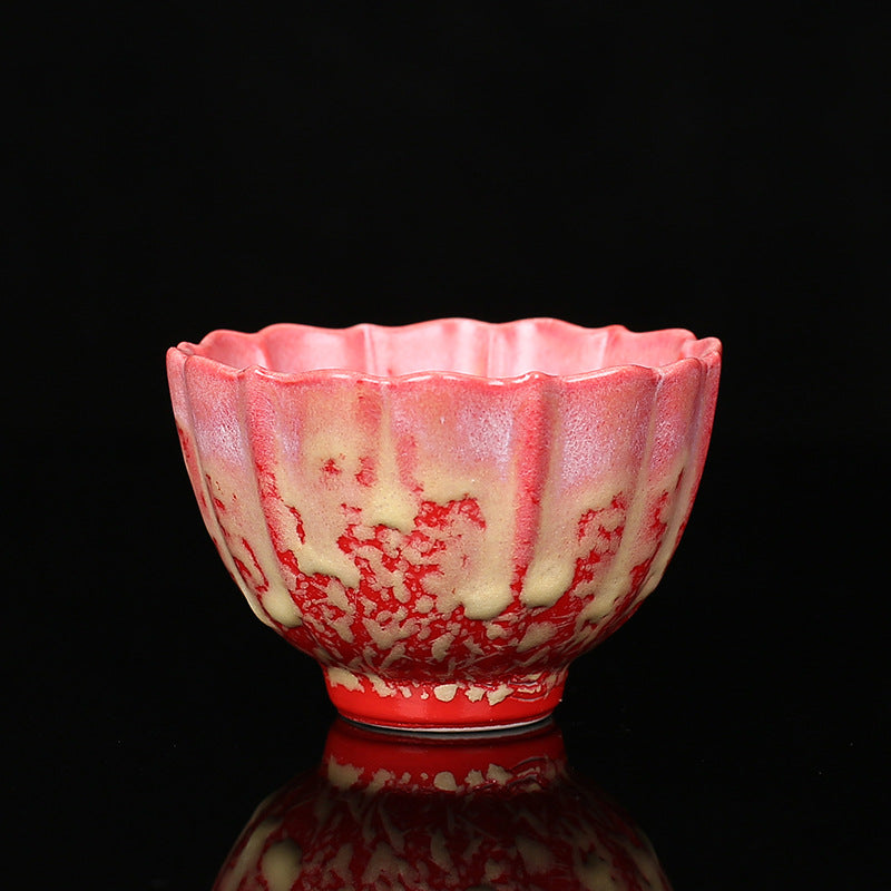 Buddha Stones Retro Blue Red Gradient Lotus Pattern Kiln Change Ceramic Teacup Kung Fu Tea Cup Bowl Cup BS Red 7.8cm*5.2cm*120ml