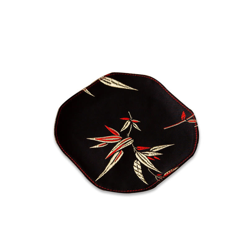 Buddha Stones Vintage Sea Wave Bamboo Plum Blossom Embroidered Cup Mat Pad Tea Cup Coaster Kung Fu Tea Mat Tea Mat BS Black Bamboo Coaster 13*11.5cm