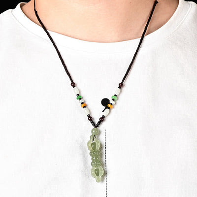 Buddha Stones Tibetan Natural Hetian Cyan Jade White Jade Dorje Vajra Engraved Success Necklace Pendant Necklaces & Pendants BS 4