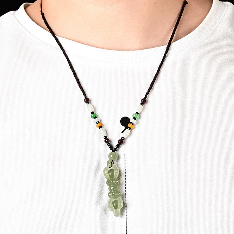 Buddha Stones Tibetan Natural Hetian Cyan Jade White Jade Dorje Vajra Engraved Success Necklace Pendant Necklaces & Pendants BS 4
