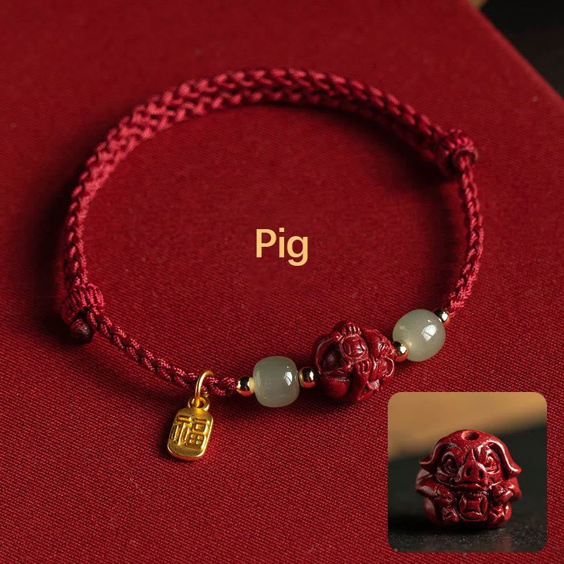 Buddha Stones Natural Cinnabar Chinese Zodiac Hetian Jade Fu Character Luck Rope Bracelet - Pig(Wrist Circumference 14-18cm) - image 19