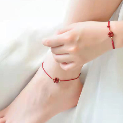 Buddha Stones Natural Cinnabar Four Leaf Clover Blessing Red String Bracelet Anklet Bracelet BS 8