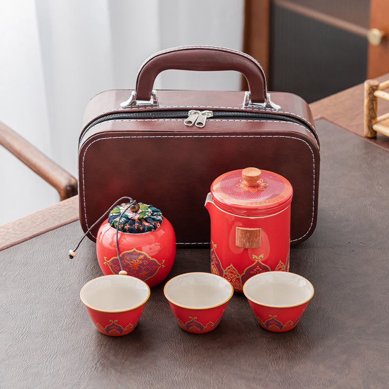 Buddha Stones Flower Chinese Gongfu Ceramic Teapot Portable Outdoor Travel Tea Set Bag Teapot BS Red 1 Teapot+3 Cups+1 Handbag+1 Tea Can
