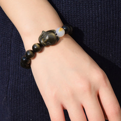 Buddha Stones Natural Rainbow Obsidian Gold Sheen Obsidian Silver Sheen Obsidian Fox Healing Bracelet Bracelet BS 9