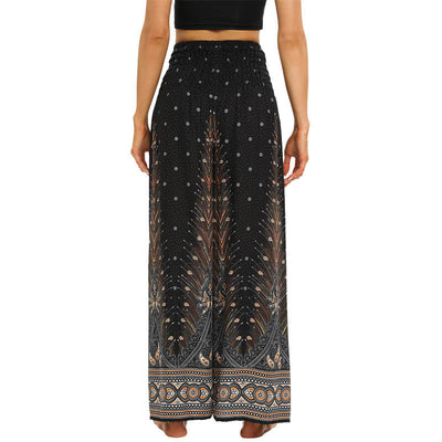Buddha Stones Boho Peacock Feathers Lace-up Wide Leg Pants Women's Yoga Pants Women's Wide Leg Pants BS 3