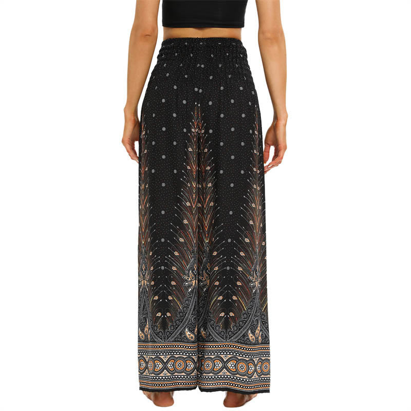 Buddha Stones Boho Peacock Feathers Lace-up Wide Leg Pants Women's Yoga Pants Women's Wide Leg Pants BS 3