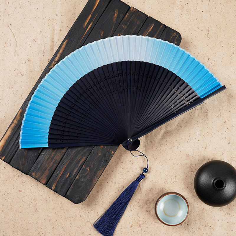 Buddha Stones Solid Color Gradient Hollow Engraved Handheld Bamboo Folding Fan Folding Fan BS Blue Gradient 21.5cm