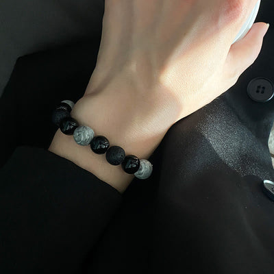 Buddha Stones Vintage Lava Rock Black Obsidian Picasso Jasper Beads Support Rope Bracelet Bracelet BS 12
